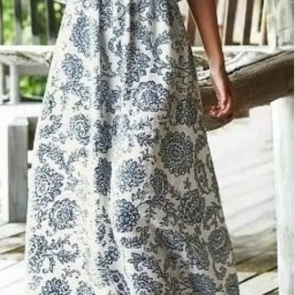 Moda International Blue and White Smocked A-Line Maxi Dress